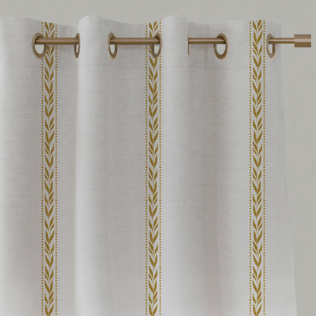 Yellow Striped Linen Eyelet Curtains - Helena Gold Rod - White base fabric.