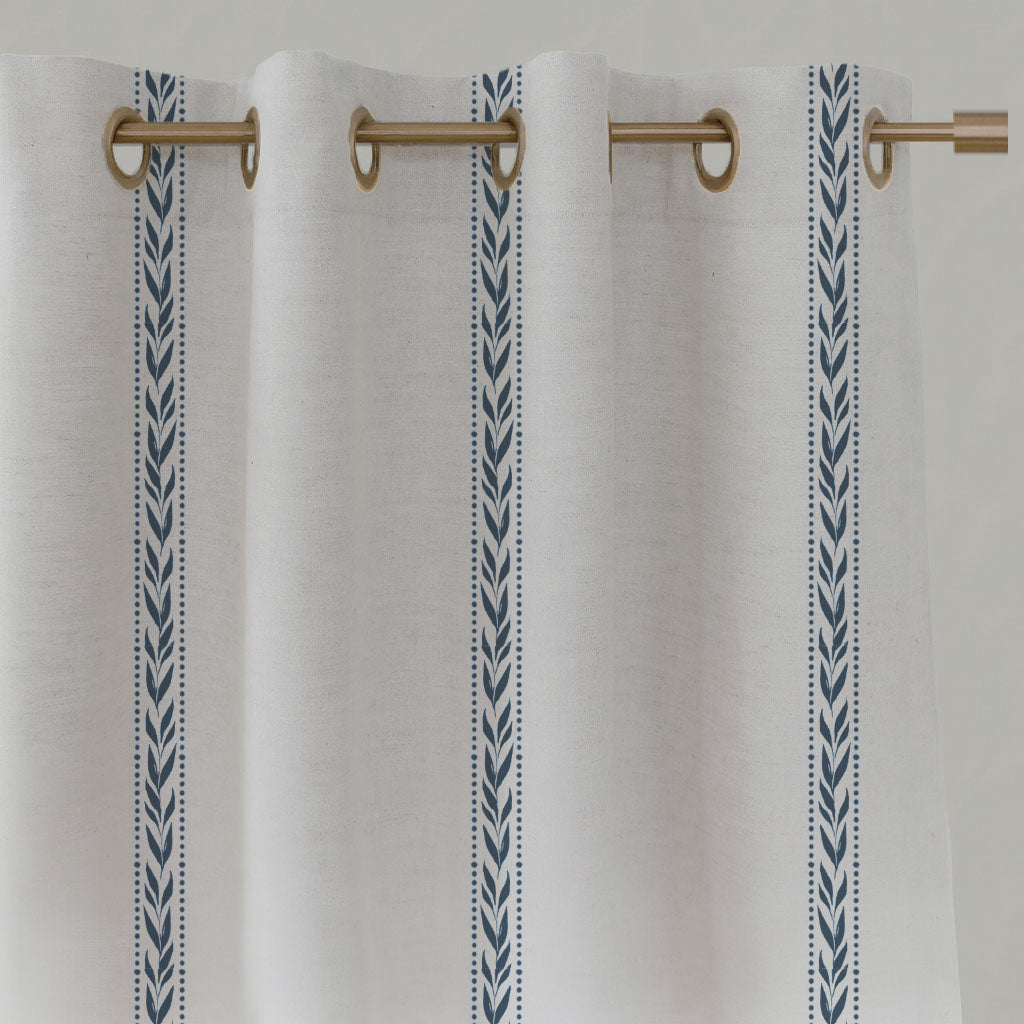 Blue Striped Linen Eyelet Curtains - Helena Ink - White base fabric.