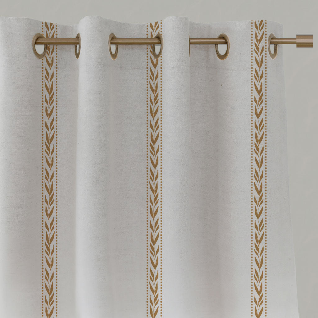 Orange / Yellow Striped Linen Eyelet Curtains - Helena Ochre - White base fabric.