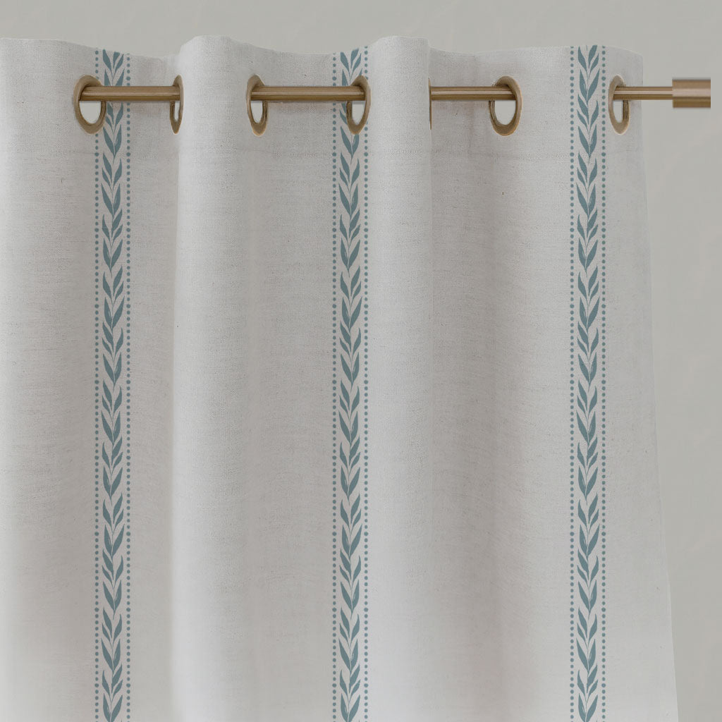 Blue Striped Linen Eyelet Curtains - Helena Shadow Blue - White base fabric.
