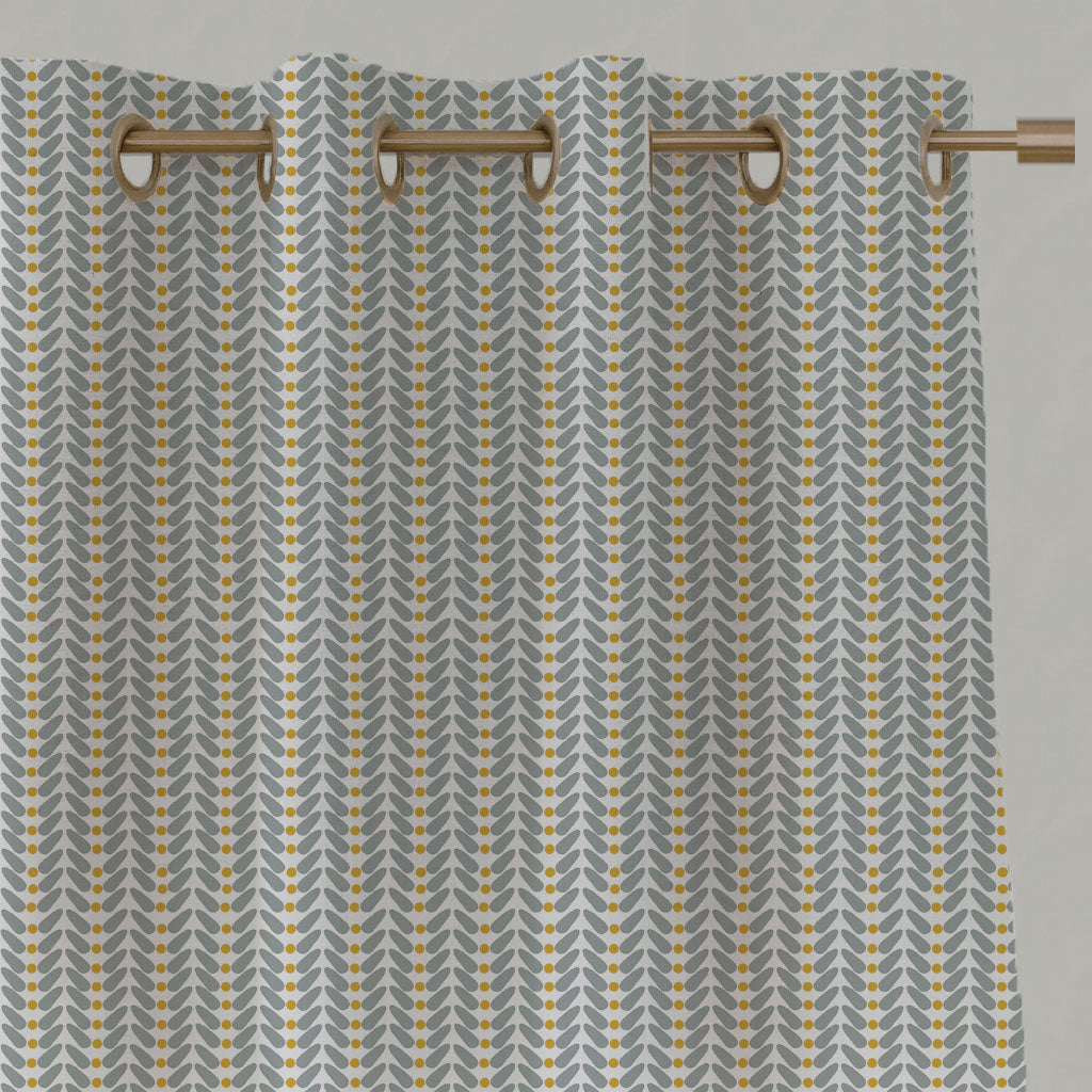 Yellow Patterned Linen Eyelet Curtains - Hilda Mustard - White base fabric.