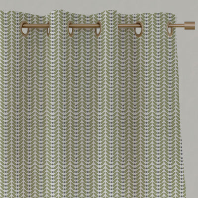 Green Patterned Linen Eyelet Curtains - Hilda Olive - White base fabric.