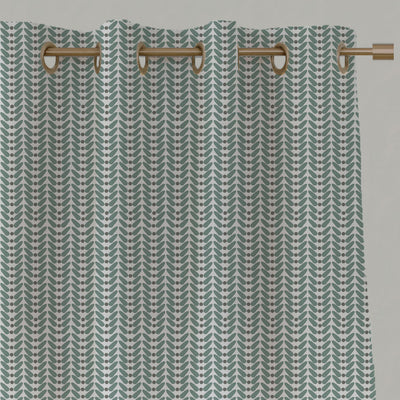 Green Patterned Linen Eyelet Curtains - Hilda Sage - White base fabric.