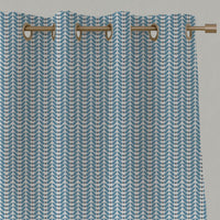 Blue Patterned Linen Eyelet Curtains - Hilda True Blue - White base fabric.