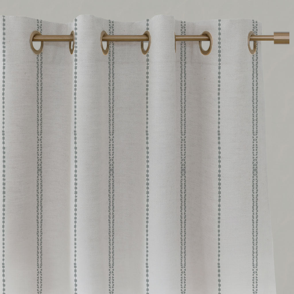 Grey Striped Linen Eyelet Curtains - Inga Greige - White base fabric.