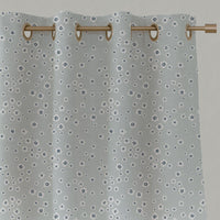 Blue Floral Linen Eyelet Curtains - Janika Ink - White base fabric.