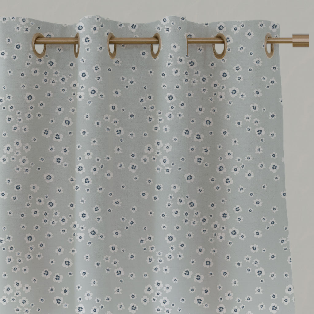 Blue Floral Linen Eyelet Curtains - Janika Ink - White base fabric.
