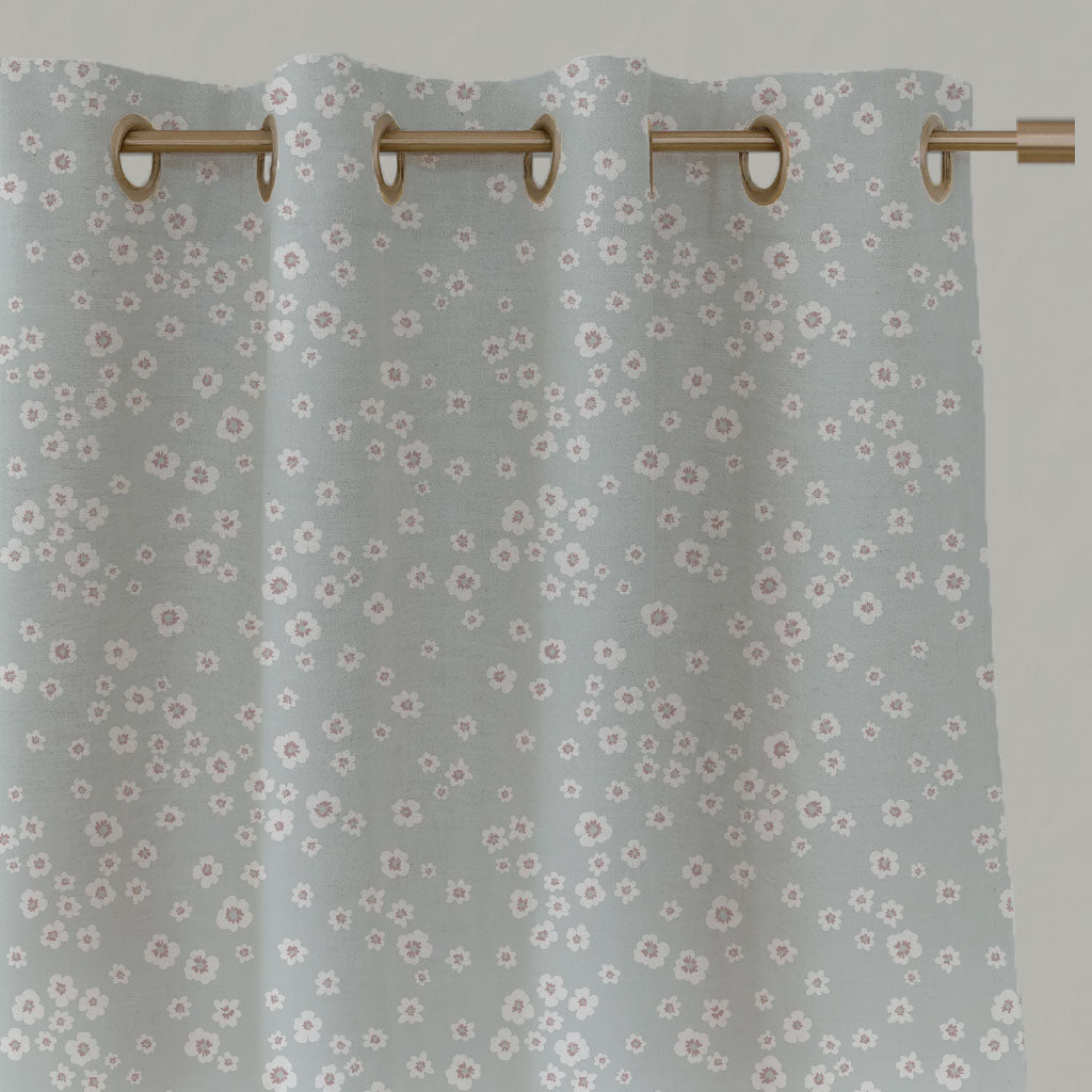 Grey / Pink Floral Linen Eyelet Curtains - Janika Peony - White base fabric.