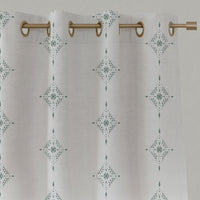 Green Patterned Linen Eyelet Curtains - Kaisley Sage-WHT - White base fabric.
