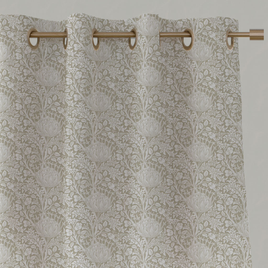 Neutral / Grey Floral Linen Eyelet Curtains - Katarina Clay - White base fabric.