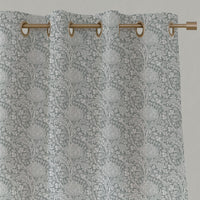 Grey Floral Linen Eyelet Curtains - Katarina Greige - White base fabric.