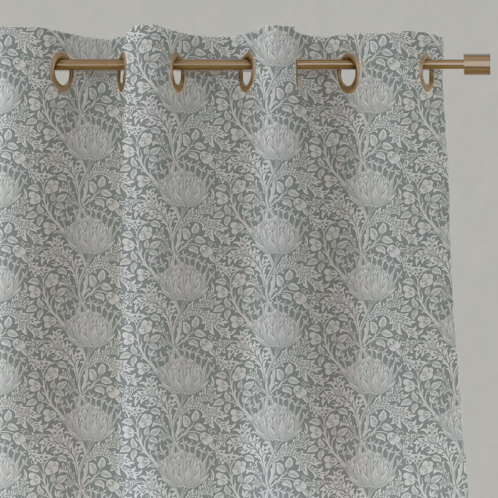 Grey Floral Linen Eyelet Curtains - Katarina Greige - White base fabric.
