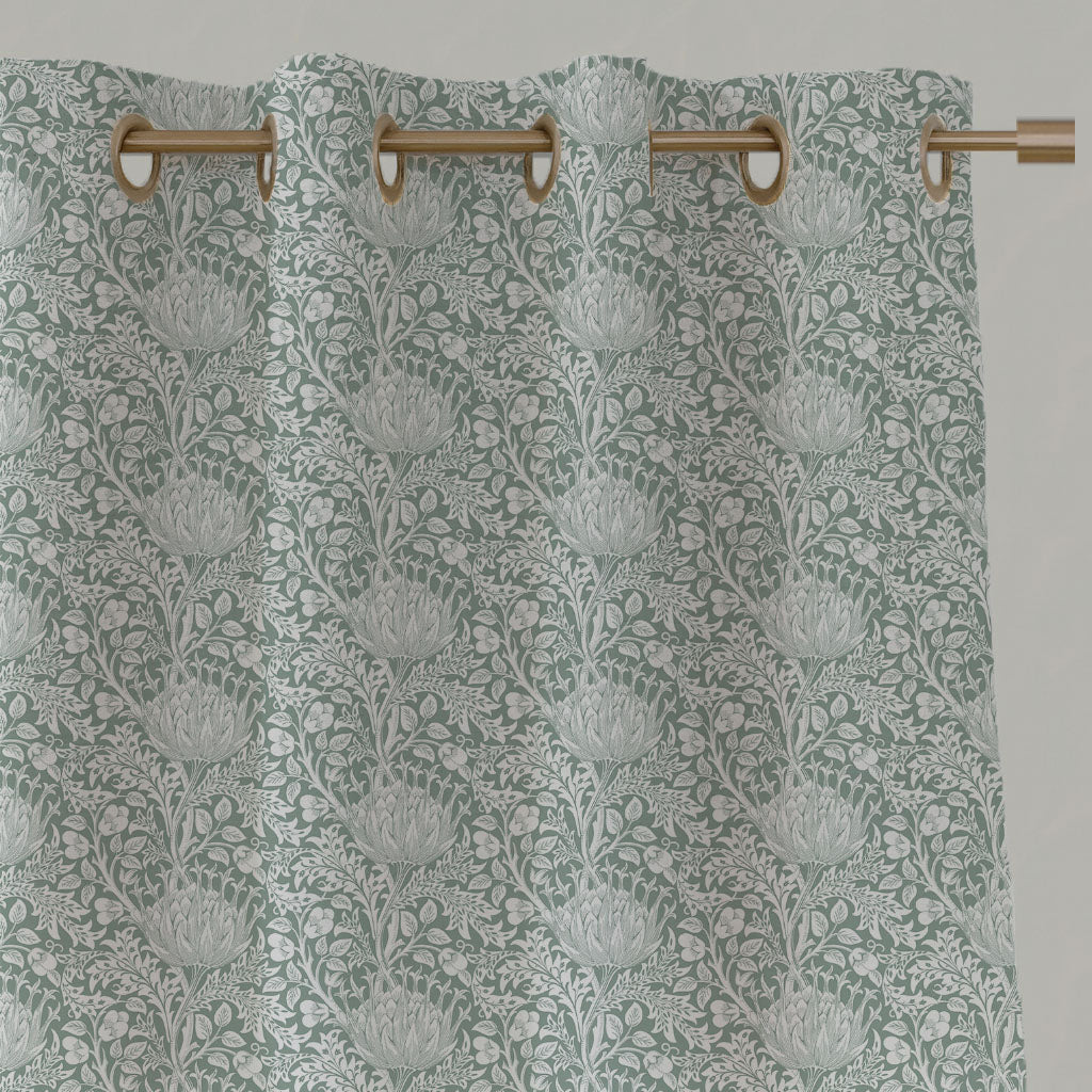 Green Floral Linen Eyelet Curtains - Katarina Meadow - White base fabric.