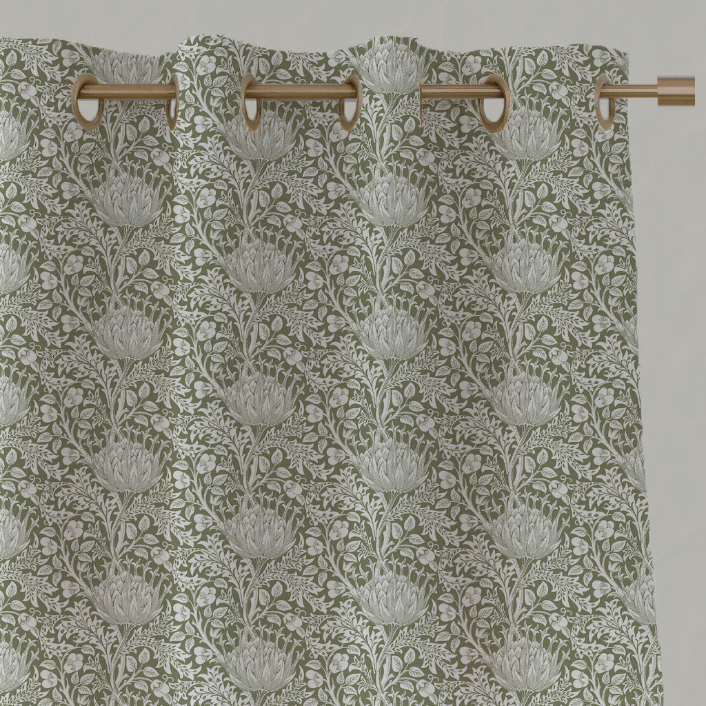 Green Floral Linen Eyelet Curtains - Katarina Moss - White base fabric.