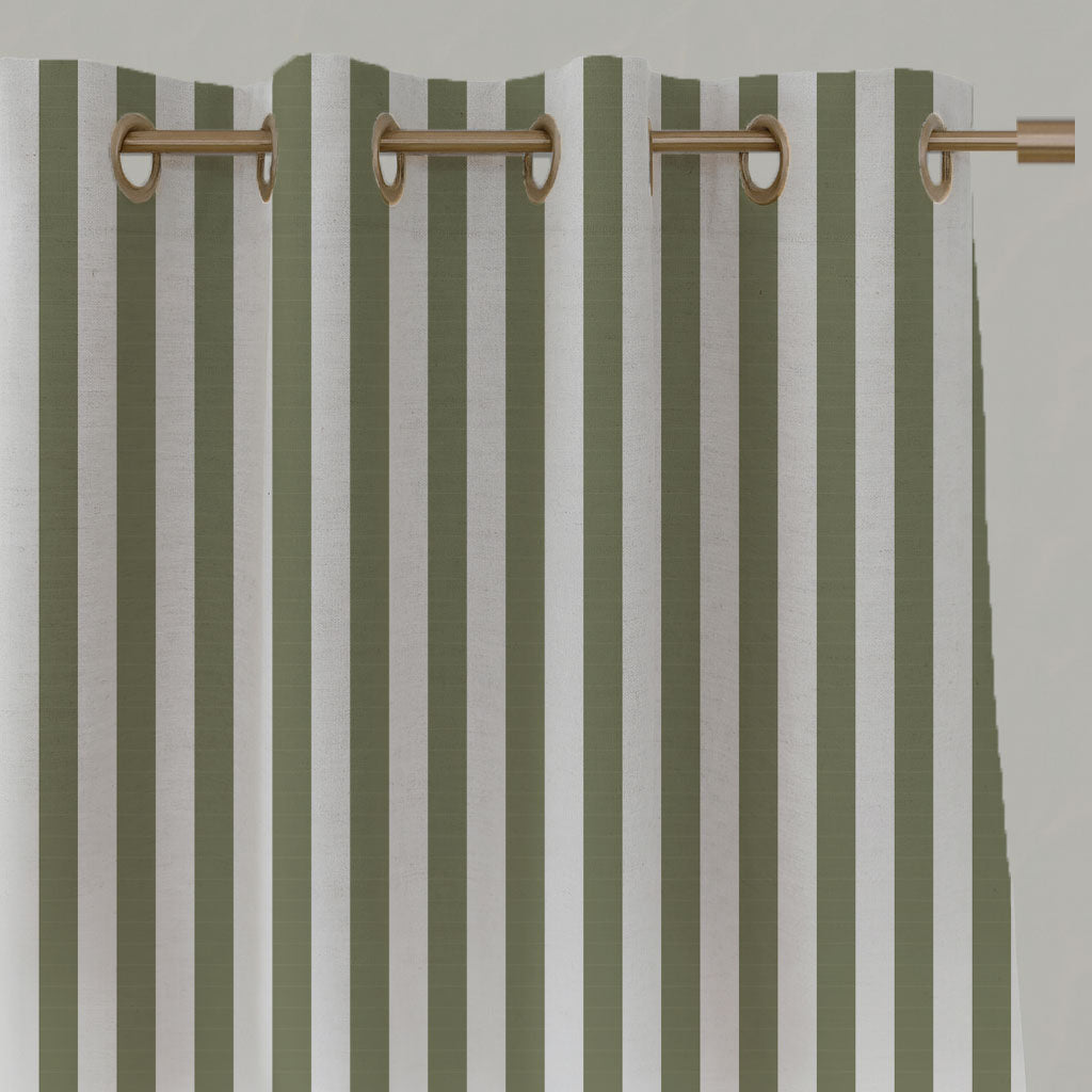 Green Striped Linen Eyelet Curtains - Liliana Moss-WHT - White base fabric.