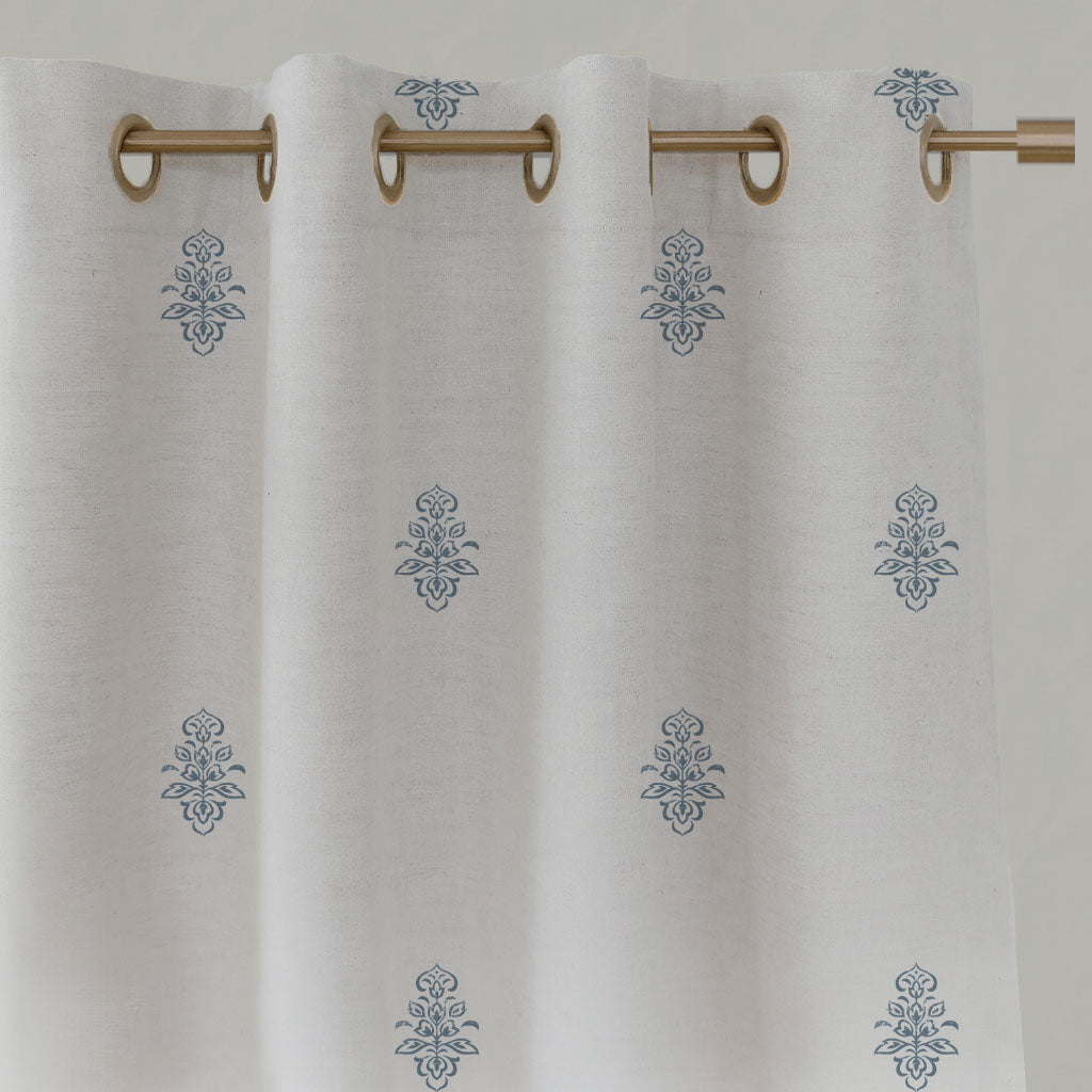 Blue Floral Linen Eyelet Curtains - Lisana Agate Blue - White base fabric.