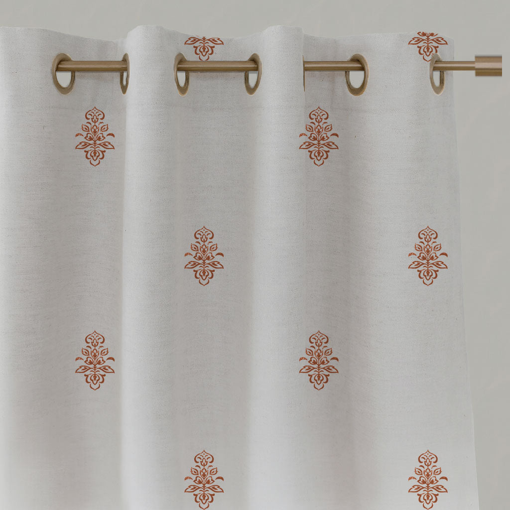 Orange Floral Linen Eyelet Curtains - Lisana Terracotta - White base fabric.