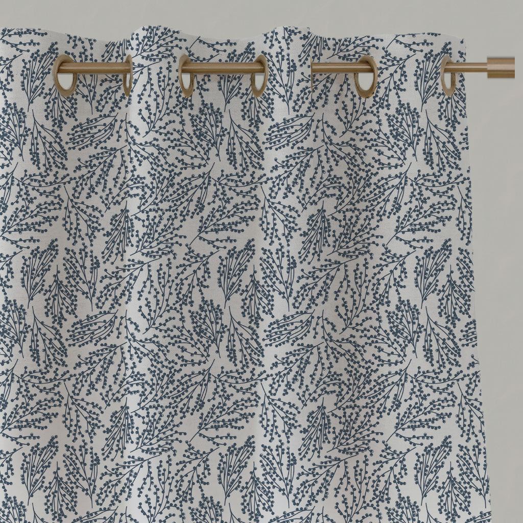 Blue Botanical Linen Eyelet Curtains - Lisbell Ink -WHT - White base fabric.