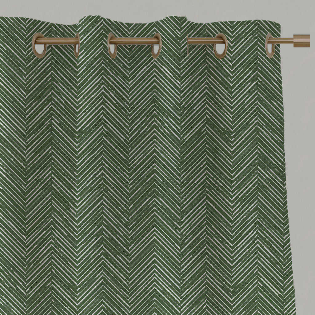 Green Patterned Linen Eyelet Curtains - Lulu Emerald - White base fabric.