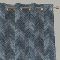 Blue Patterned Linen Eyelet Curtains - Lulu Ink - White base fabric.