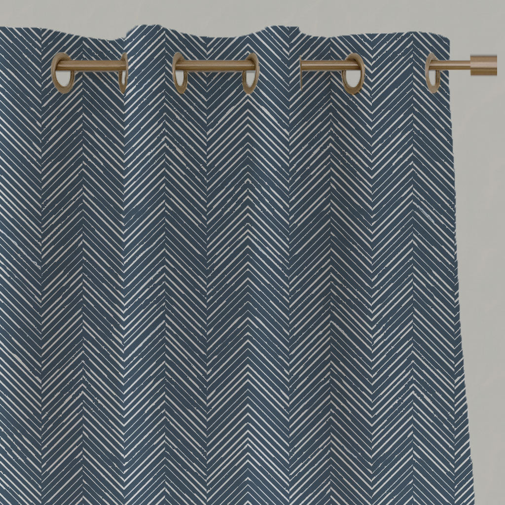 Blue Patterned Linen Eyelet Curtains - Lulu Ink - White base fabric.