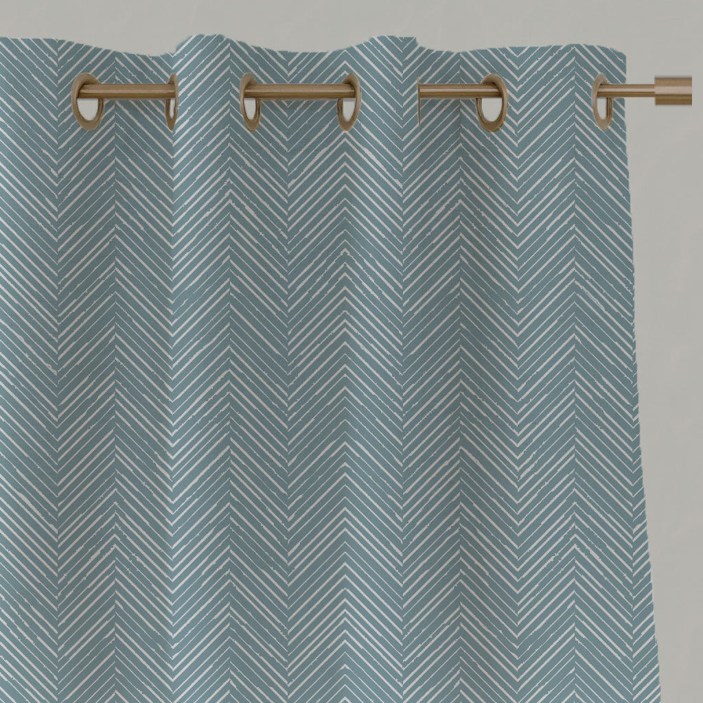 Blue Patterned Linen Eyelet Curtains - Lulu Shadow Blue - White base fabric.