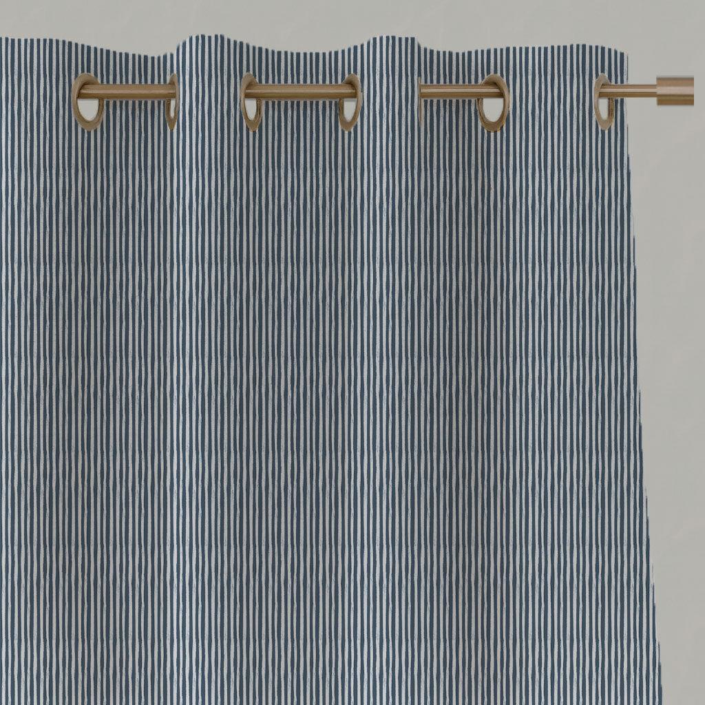 Blue Striped Linen Eyelet Curtains - Maisa Ink - White base fabric.