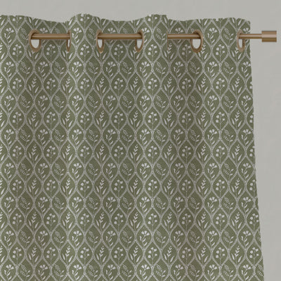 Green Floral Linen Eyelet Curtains - Miny Moss-WHT - White base fabric.