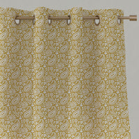 Yellow Patterned Linen Eyelet Curtains - Nora Dijon-WHT - White base fabric.