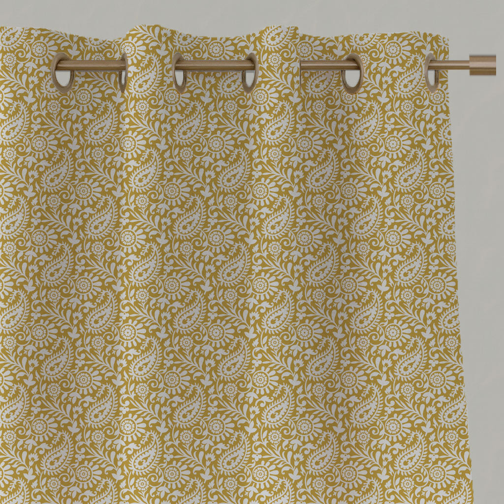 Yellow Patterned Linen Eyelet Curtains - Nora Dijon-WHT - White base fabric.