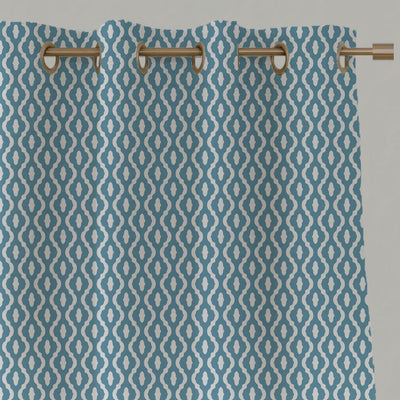 Blue Patterned Linen Eyelet Curtains - Oona Marine - White base fabric.