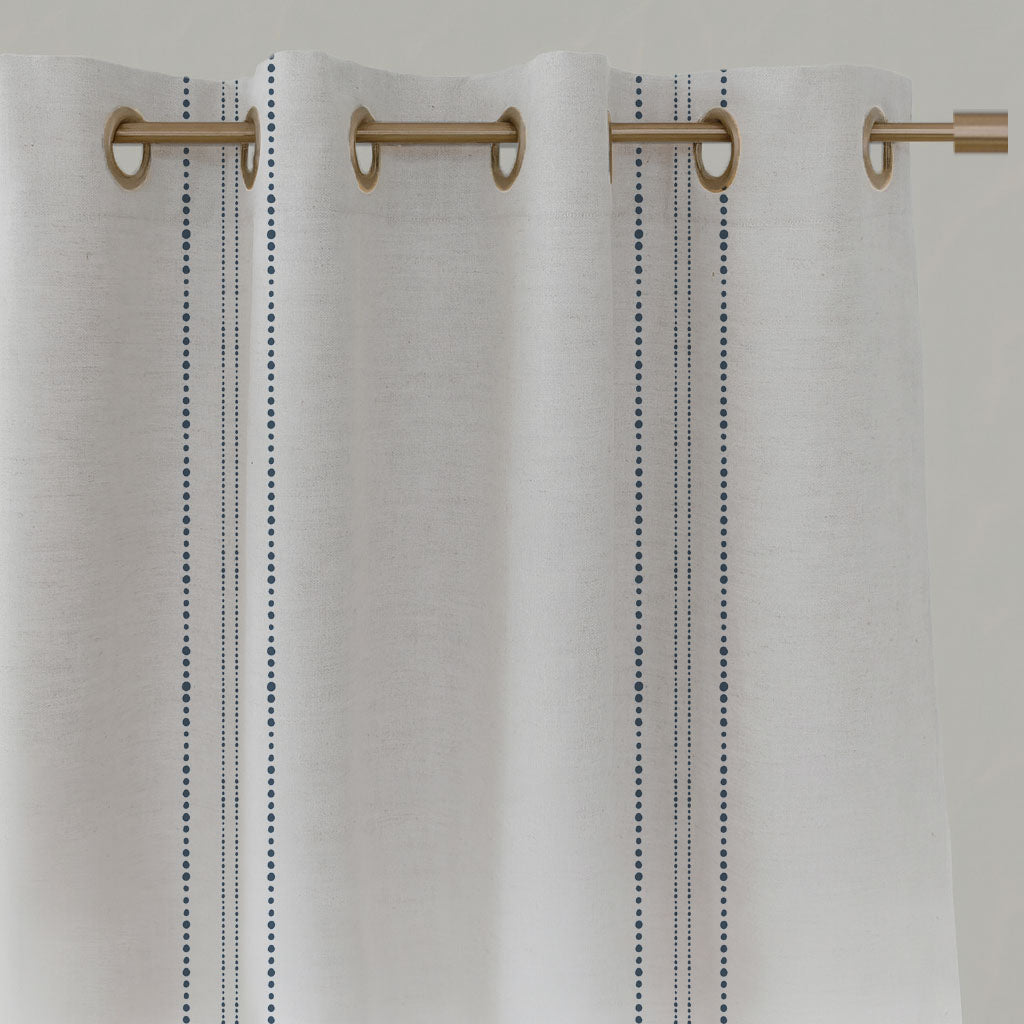 Blue Striped Linen Eyelet Curtains - Reyna Ink-WHT - White base fabric.
