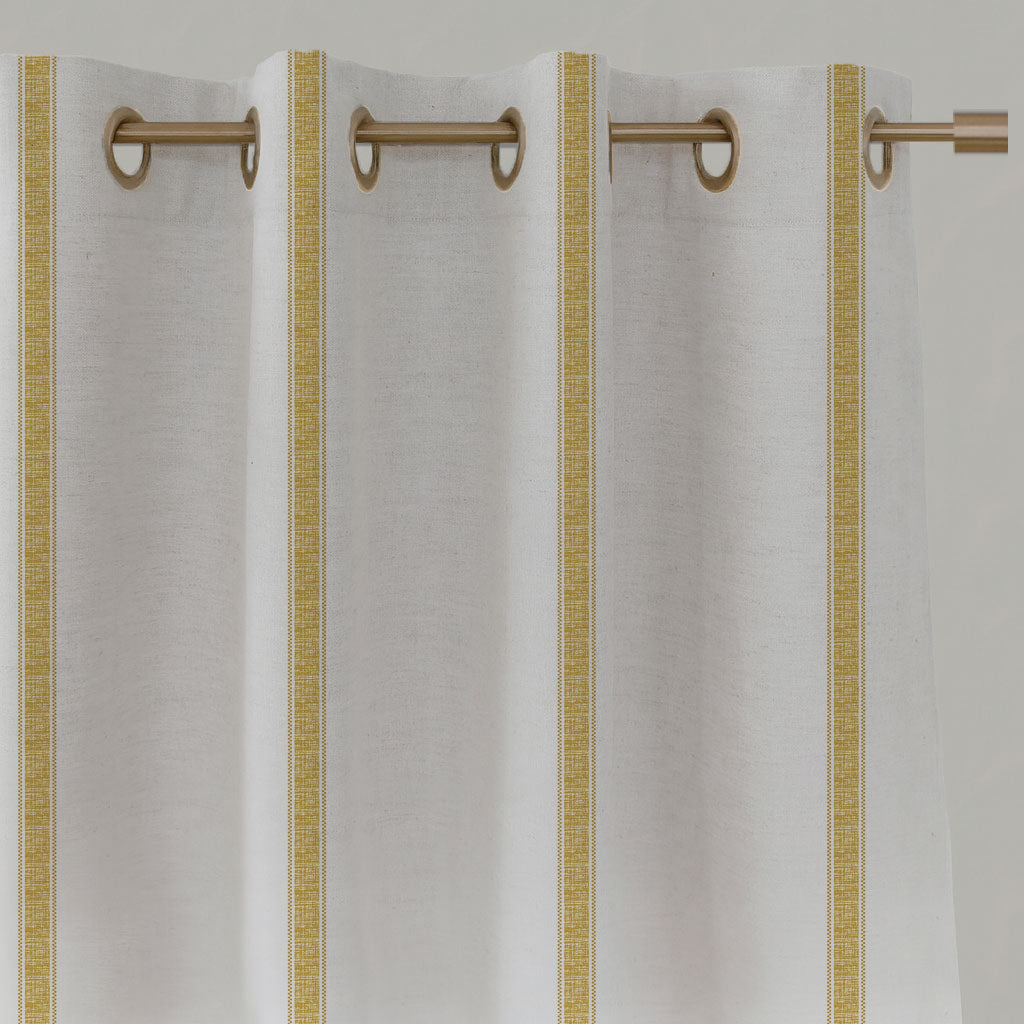 Yellow Striped Linen Eyelet Curtains - Rune Gold Amber - White base fabric.