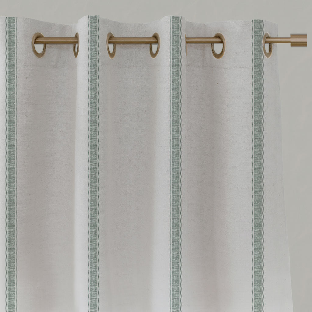 Green Striped Linen Eyelet Curtains - Rune Meadow - White base fabric.