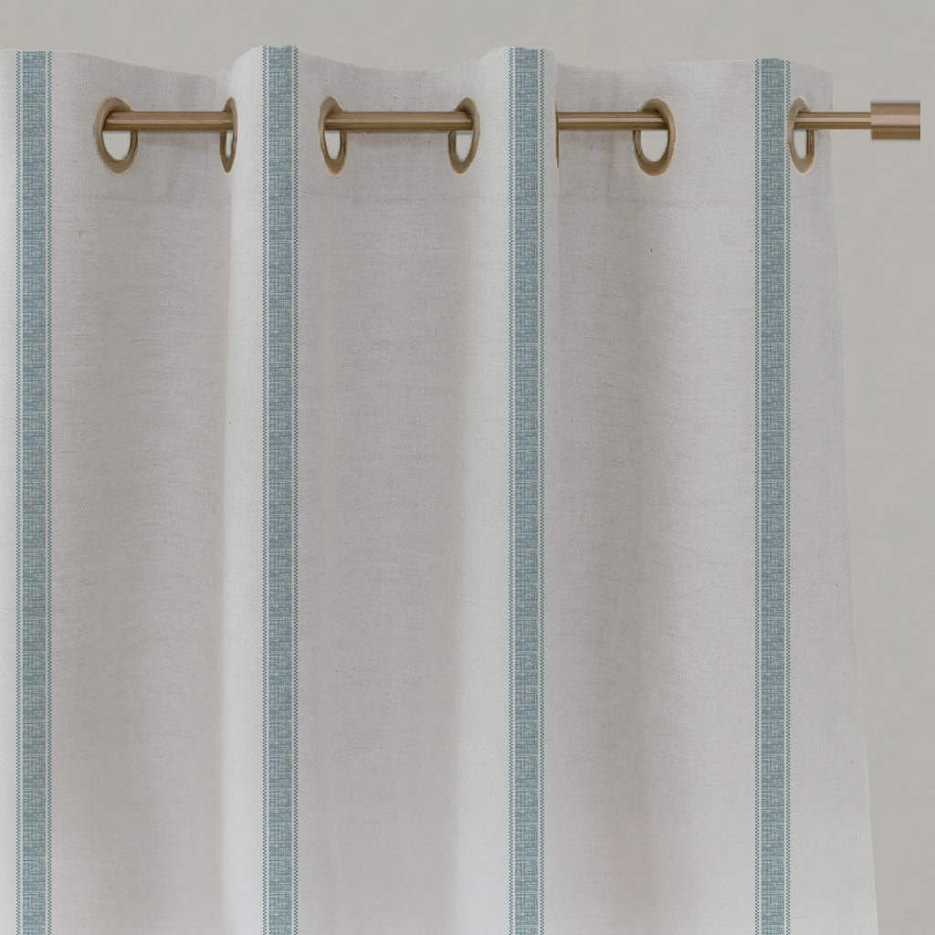Blue Striped Linen Eyelet Curtains - Rune Shadow Blue - White base fabric.