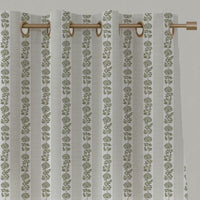 Green Floral Stripe Linen Eyelet Curtain - Skye Moss-WHT - White base fabric.
