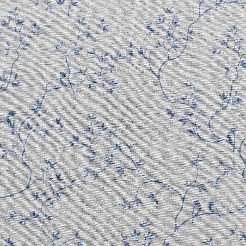 Botanical Blue Curtain Fabric - Blue tree with leaves and birds