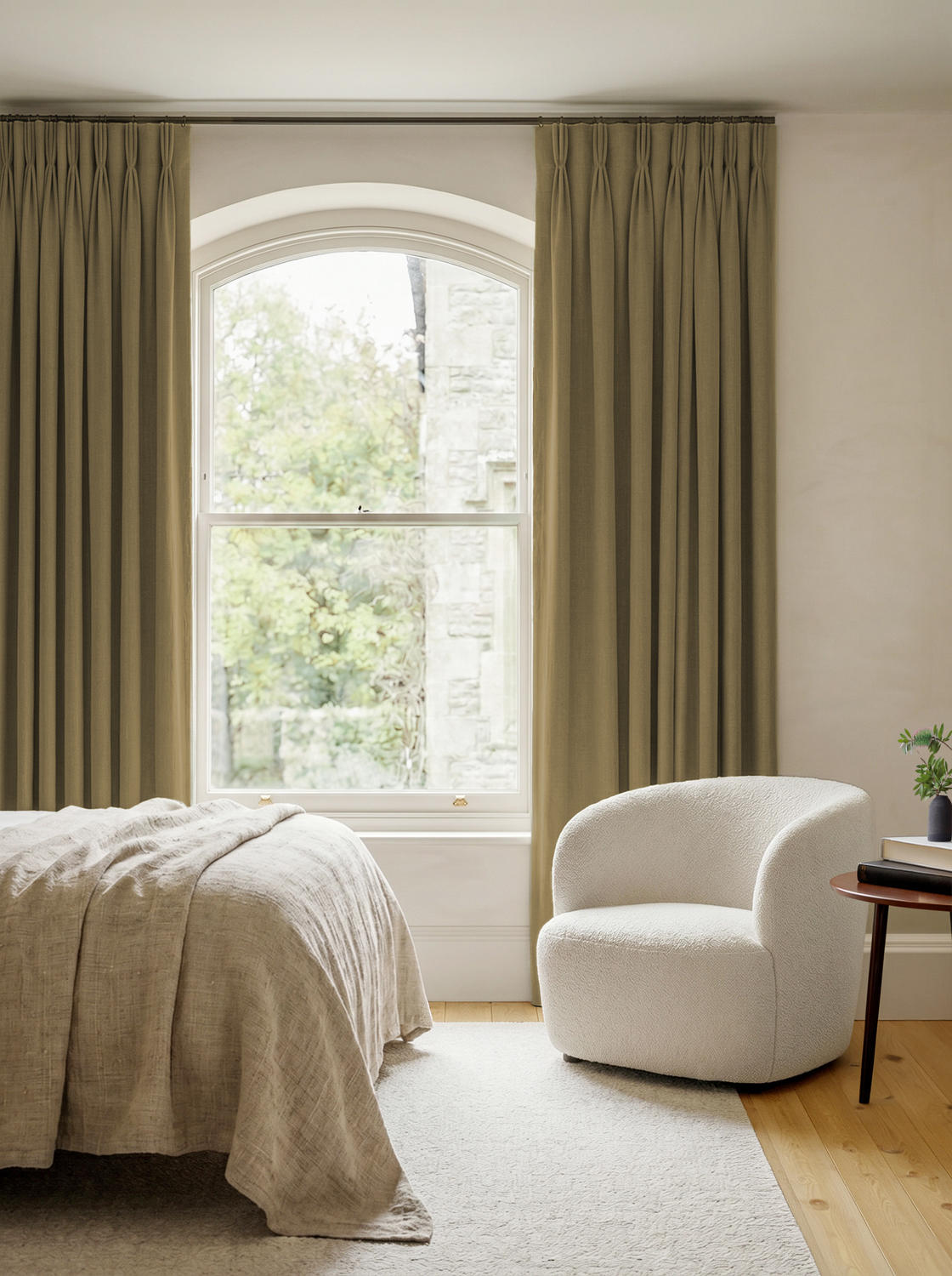 Green 100% Linen Triple Pleat curtains. Bea Leaf by Ada & Ina