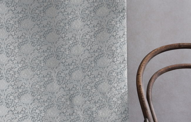Katarina Greige - White linen fabric with Grey floral print