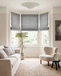 Grey Linen Bay window roman blinds for Living room and bedroom. Lined. Greta Stone.