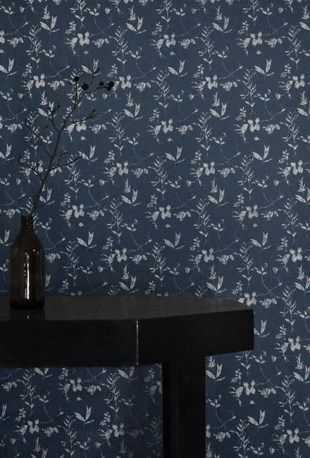 Flora Ink - Curtain fabric with Blue botanical print