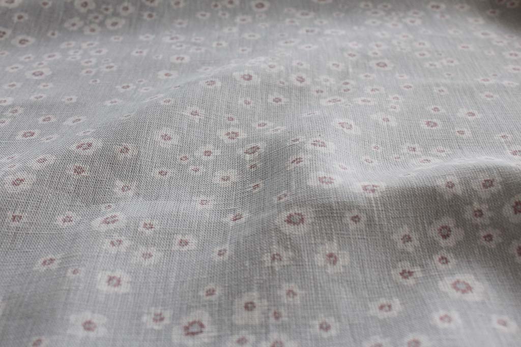 Janika Peony- Linen Curtain Fabric - Grey & Pale Pink Flower Pattern