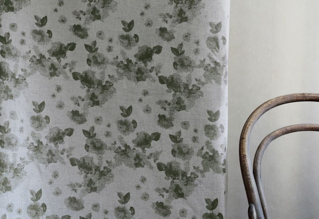 Rose Khaki - Natural curtain fabric, Green floral pattern