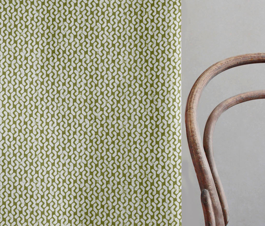 Arina Khaki - Natural curtain fabric, Green abstract print