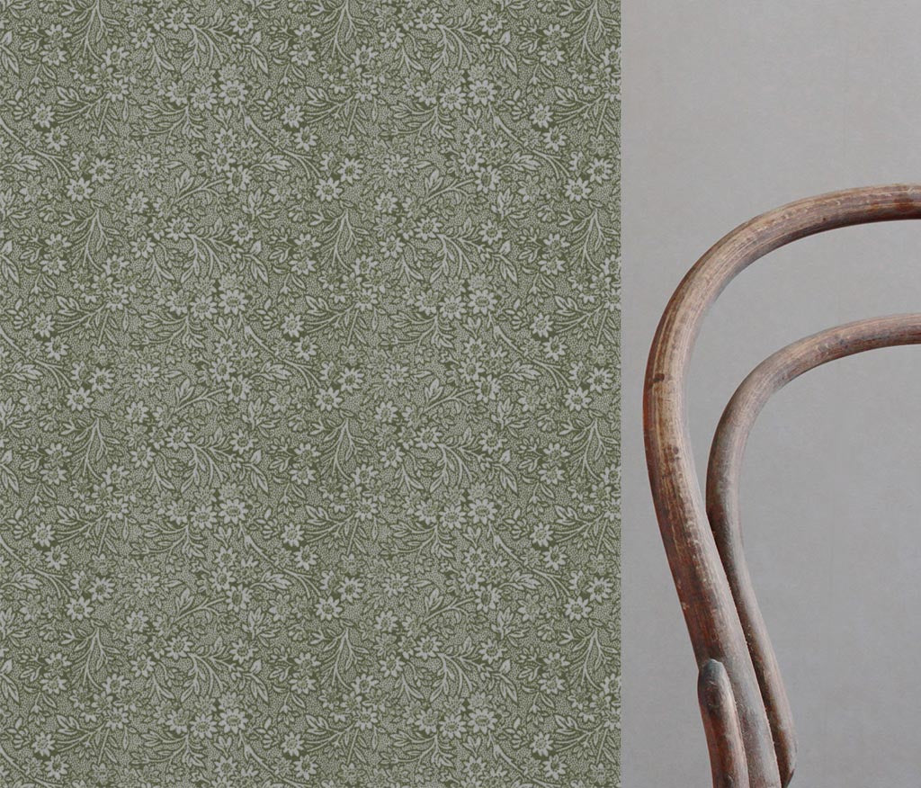 Green Floral Linen Curtain Fabric - Cheye Khaki - Natural base fabric.