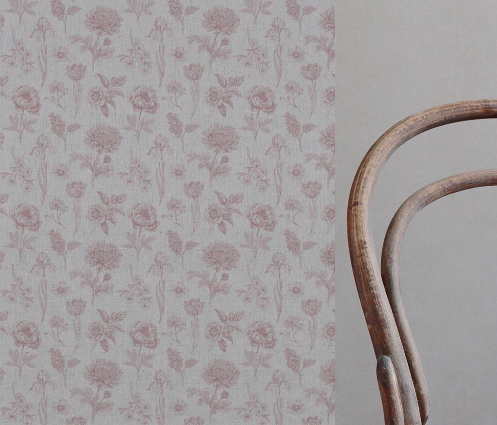 Pink Floral Linen Curtain Fabric - Cirian Dusty Pink - Natural base fabric.