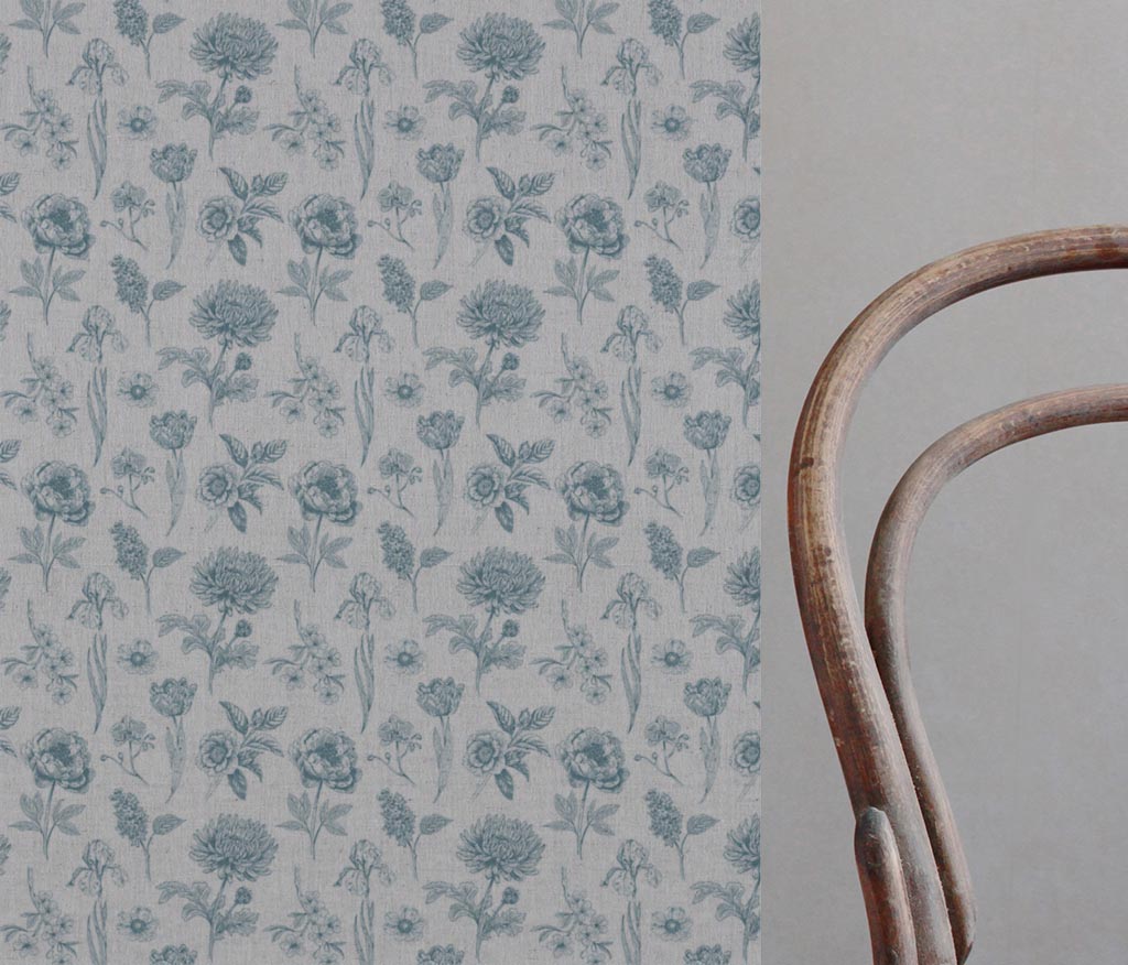 Blue Floral Linen Curtain Fabric - Cirian Paris Blue - Natural base fabric.