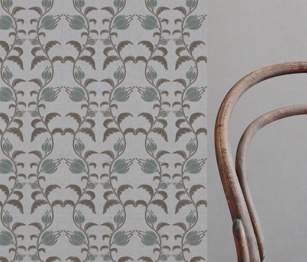 Green and Brown Patterned Linen Curtain Fabric - Dana Sage Pebble - Natural base fabric.