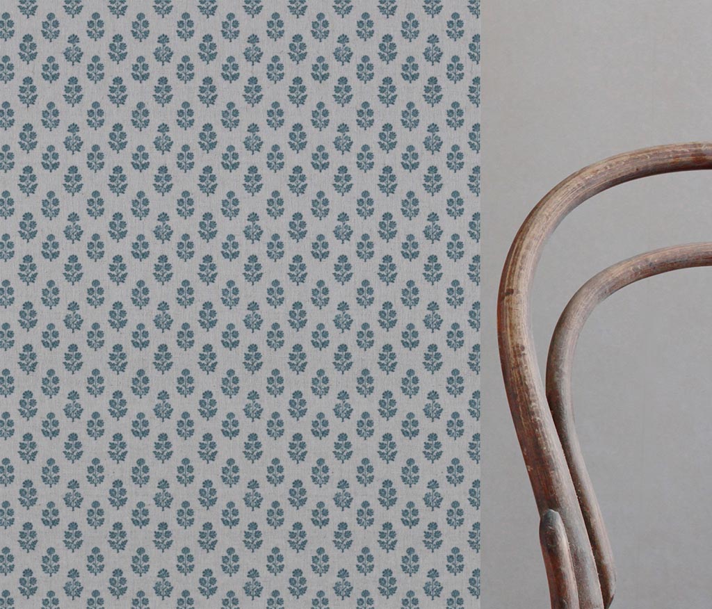 Blue Floral Linen Curtain Fabric - Doris Blue Stone - Natural base fabric.