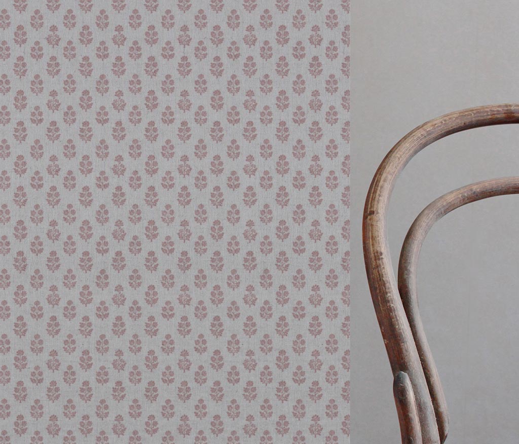 Pink Floral Linen Curtain Fabric - Doris Dusty Pink - Natural base fabric.